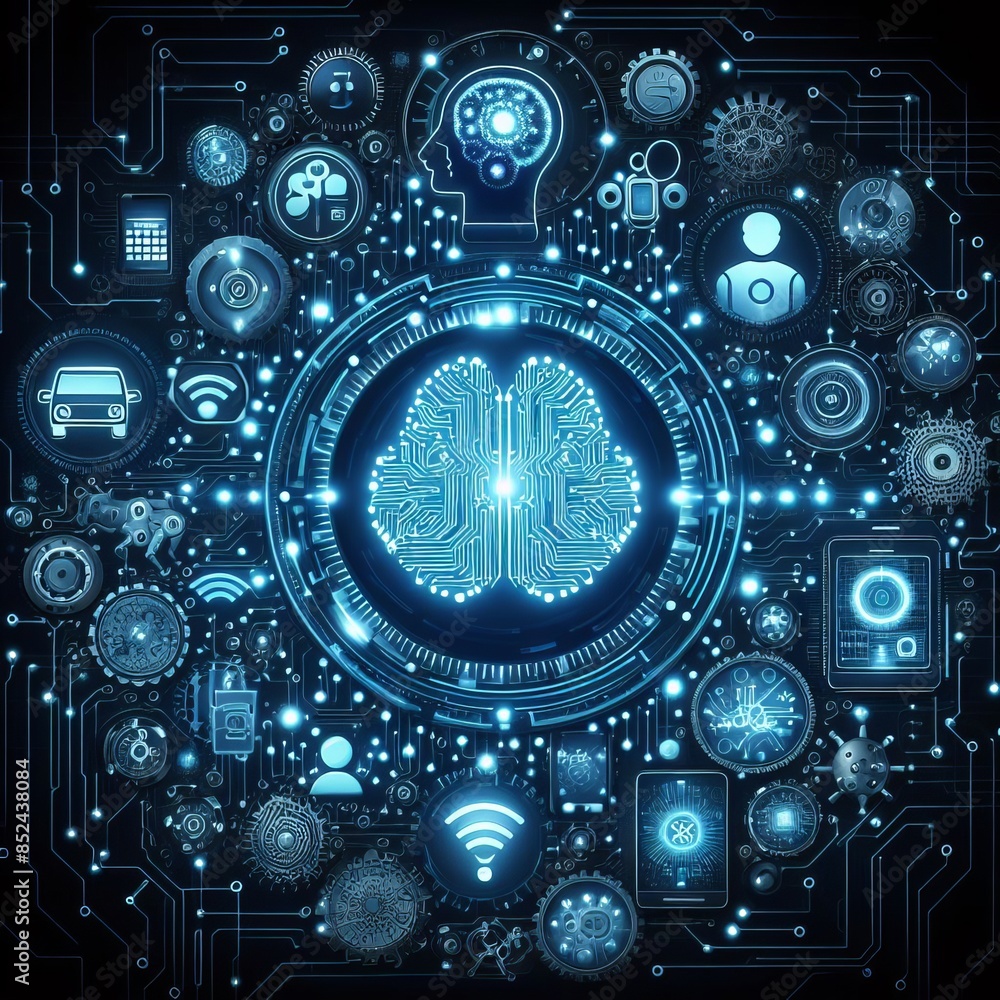 Poster a complex illustration of ai technology featuring a central brain circuitry surrounded by various ic