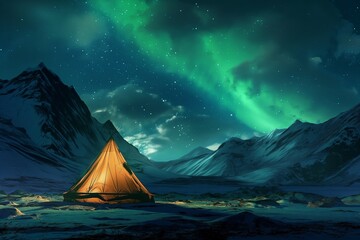 
Beautiful night landscape with glowing tent in the center of photo, mountains on background and beautiful northern lights sky with aurora borealis. photorealistic, high detail, high resolution