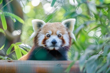Naklejka premium A close-up image of a cute red panda surrounded by green plants in its natural habitat. The carnivorous mammal with distinctive whiskers looks content as it rests among the lush.