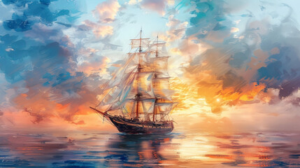 Obraz premium A large ship sails in the ocean with a beautiful shining sunset in the background
