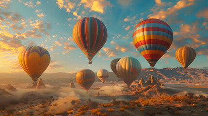 Naklejka premium Hot Air Balloons Soaring Over Desert Landscape Illustration