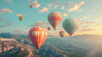 Obraz premium Colorful Hot Air Balloons Flying Over Mountainous Landscape at Sunset - Illustration