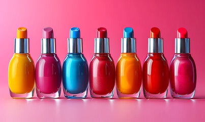 Vibrant Set of Colorful Nail Polish Bottles on Pink Background for Beauty and Fashion Themes
