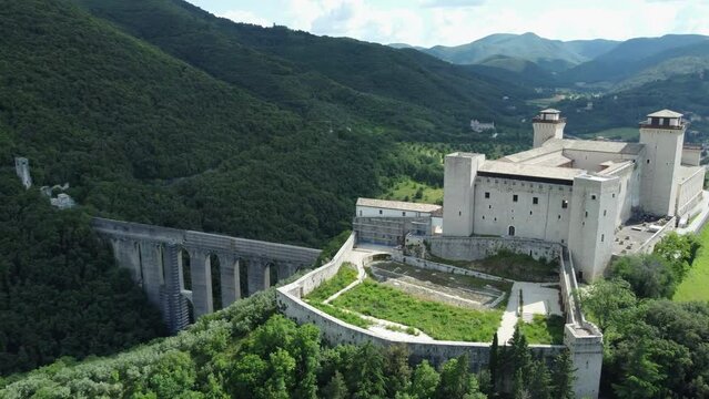 4K aerial footage of the Rocca Albornoziana in Spoleto, which is is a city in Umbria, Italy