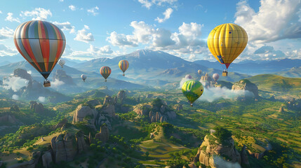 Fototapeta premium Hot Air Balloon Flight Over Mountain Landscape with Green Hills and Blue Sky - Illustration