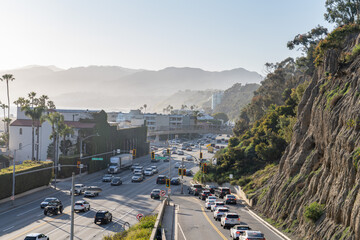 California Incline  with Pacific Coast Highway. Palisades Park, Santa Monica, Los Angeles. Marine Terraces and Eroded Cliffs, alluvial fan deposits of consolidated silt, sand and gravel. 