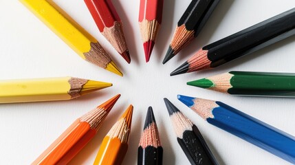 Fototapeta premium Nine colored pencil crayons arranged in a circle pointing at a central point on a white backdrop