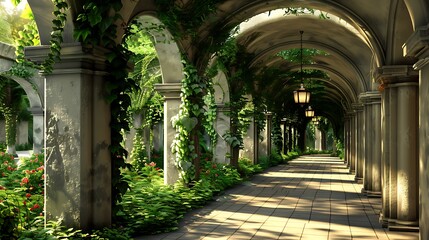 Arches supporting a garden walkway hanging a lamp on the wall very detailed and realistic shape