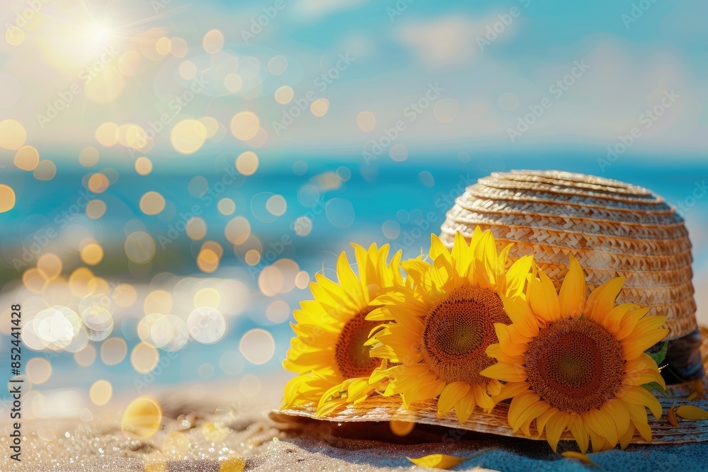 Wall mural straw hat decorated with bright sunflowers on a sparkling beach, evoking a sense of summer and relax