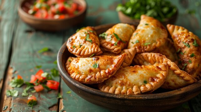 Golden Brown Empanadas in a Bowl with Salsa