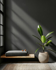 Light grey serene living room interiors with zen arrangements and copy space. Residential Real Estate interior design composition with minimal furniture.