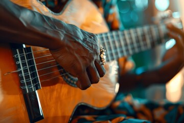 Obraz premium Skilled Musician Playing Acoustic Guitar. Music Performance concept