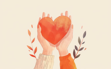 Hands hold a red heart on a blue solid background