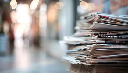Pile of newspapers stacks on blur background
