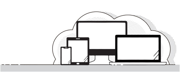 電子機器のセットと雲の背景