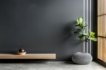 Light grey serene living room interiors with zen arrangements and copy space. Residential Real Estate interior design composition with minimal furniture.