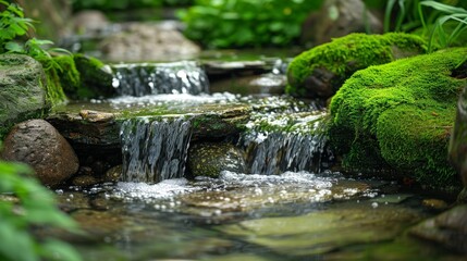 Tranquil Mossy Stream in a Lush Garden