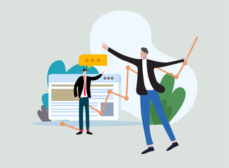 Illustration of business people working on stairs toward success, with a graph and cityscape in the background