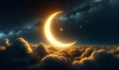 A crescent moon in the night sky