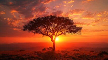 Obraz premium Silhouette of a Tree Against a Fiery Sunset