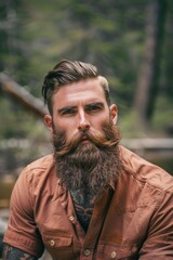 Confident Man with Well-Groomed Beard in Rustic Outdoor Setting, Ideal for Nature and Lifestyle Themes