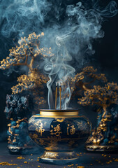 Luxurious golden Japanese incense burner with intricate designs, wisps of smoke