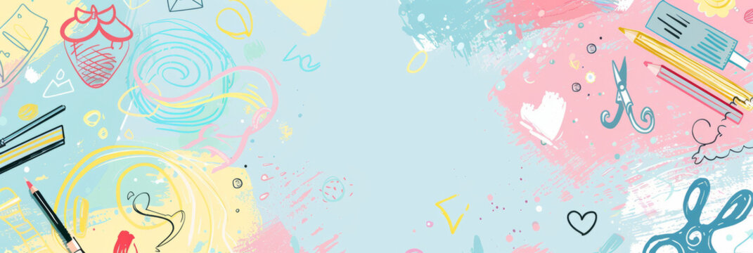 soft pastel glitter background with swirling patterns and whimsical hues. school items such as paper clips, scissors and erasers,