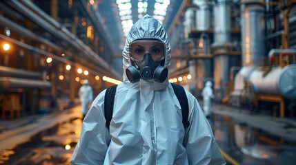 Fototapeta premium A person wearing a hazmat suit walks through a large industrial facility, likely during a routine inspection or emergency response