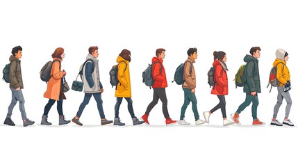 Set of walking people. Diverse pedestrians walk, tourist with camera, businessman, teenager, student or schoolgirl, courier passerby characters, young men and women, Line art flat vector illustration