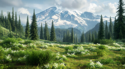 Majestic mount rainier looming over grassy subalpine meadow and evergreen forest