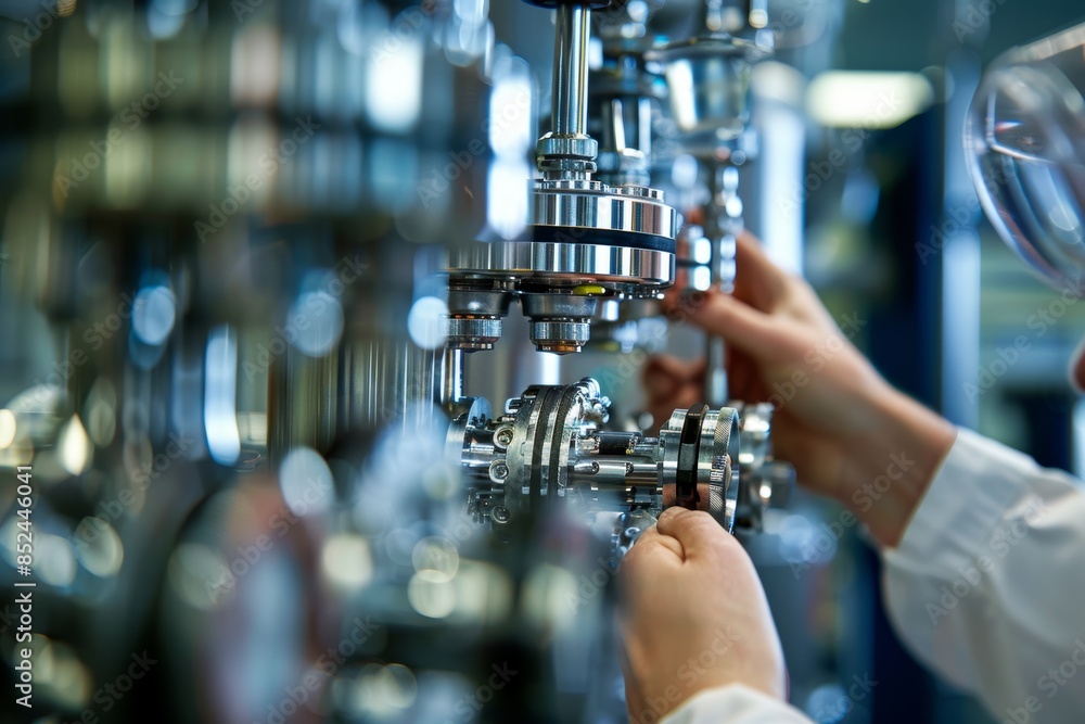 Poster scientist adjusting biofuel reactor in advanced laboratory for precision and efficiency