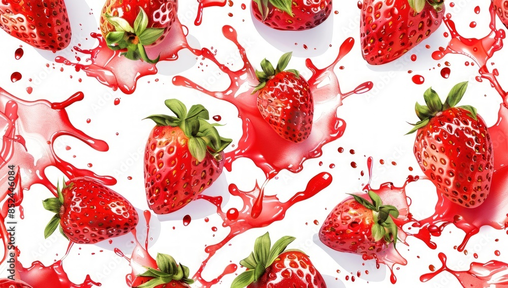 Poster a close up of a bunch of red strawberries with red juice splattered on them