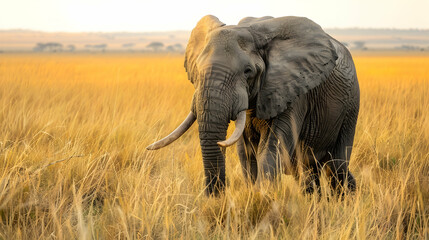 Fototapeta premium African Elephant in Golden Grass - Realistic Photo