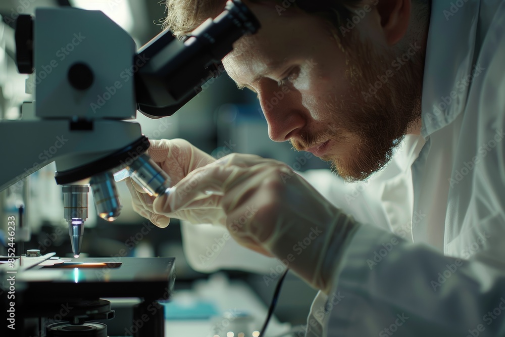 Aufkleber scientist using microscope to examine solar cell in laboratory - close-up of intense focus and intri