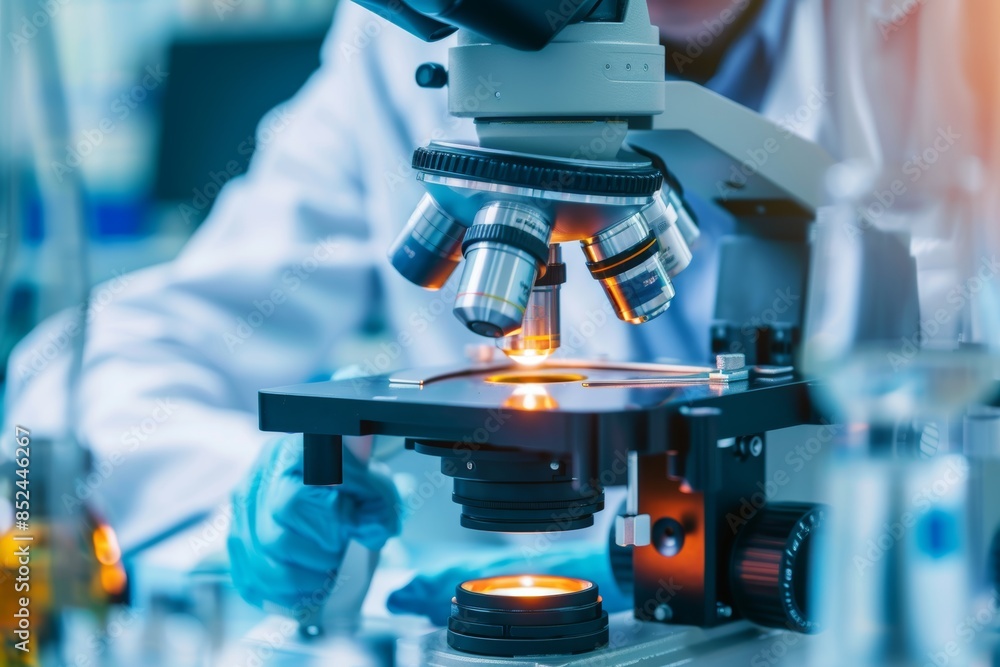 Poster scientist using high resolution microscope to analyze solar cell material in modern laboratory