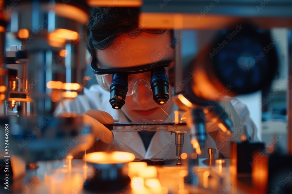 Aufkleber scientist using high-resolution microscope to study nanostructured solar cell materials in lab