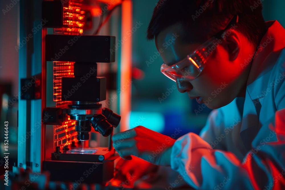 Poster scientist analyzing advanced solar cell materials using high-tech imaging technology in a research l