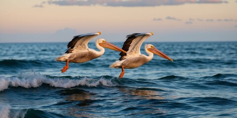 Two pelicans glide gracefully above ocean waves preparing to land or catch a meal, showcasing the beauty of wildlife in its natural habitat during sunset
