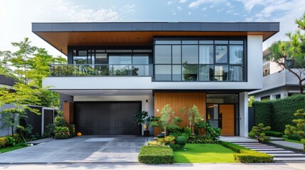 Modern two-story house with large windows and stylish landscaping in a suburban neighborhood.