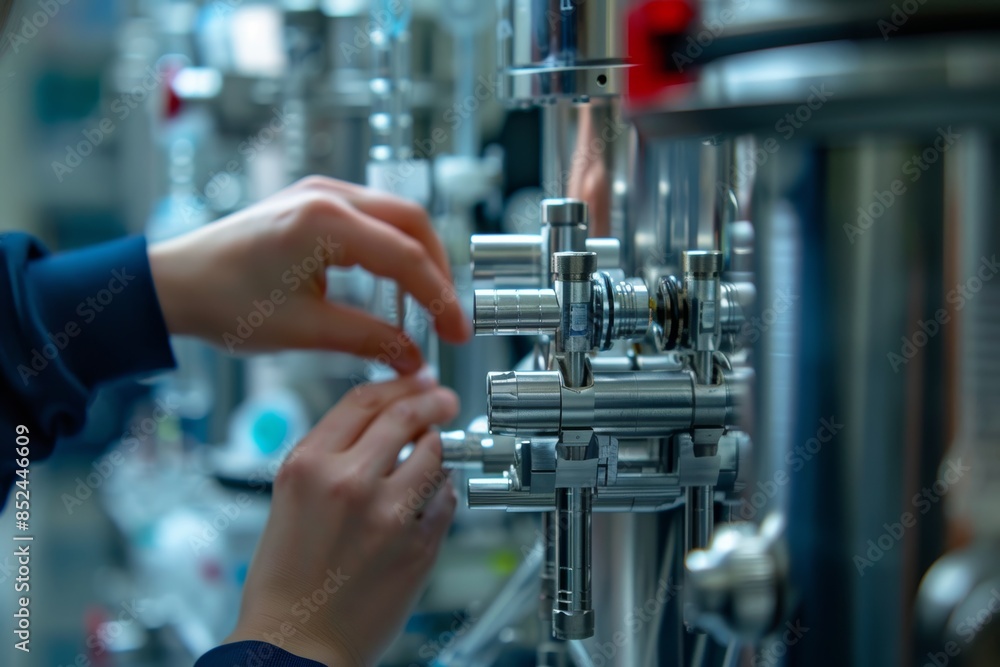 Poster scientist adjusting advanced bioreactor settings in high-tech laboratory for precise experiments