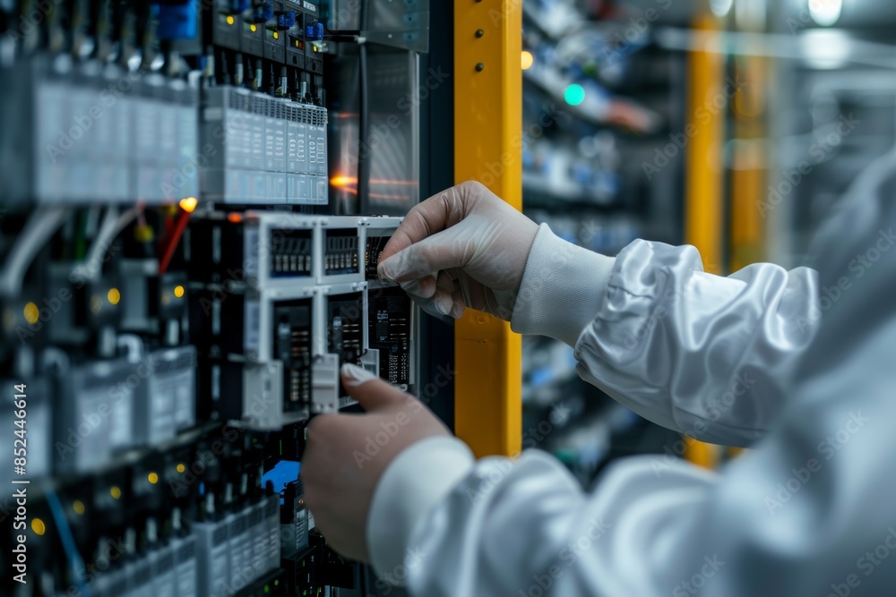 Poster scientist adjusting controls on advanced energy storage battery in high-tech laboratory setting
