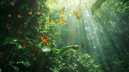 3D Illustration of a Lush Jungle Scene with Butterflies and Sunlight