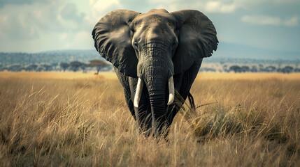 Fototapeta premium African Elephant Walking Through Tall Grass Realistic Image