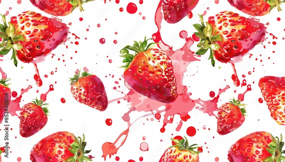Poster a close up of a bunch of red strawberries with red juice splattered on them