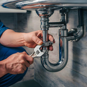 A male plumber's hand repairing a leaking sink pipe with an adjustable wrench