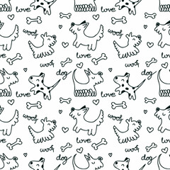 Hand drawn seamless pattern with dogs, inscriptions and bones. Perfect print for tee, paper, textile and fabric. Doodle illustration for decor and design.