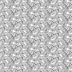 Monochrome seamless pattern with cute cats in the rainforest. Perfect print for tee, paper, textile and fabric. Doodle  illustration.