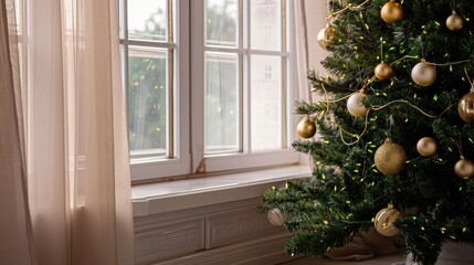 Christmas tree decorated with gold ball beside window