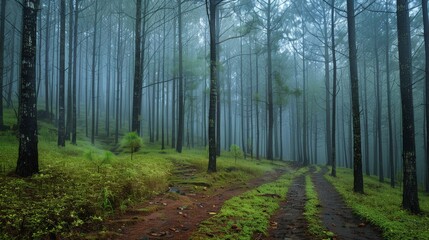 Fototapeta premium Mysterious Path Through a Misty Pine Forest