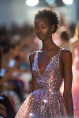 Naklejka premium Elegant fashion model walking on the runway in an elegant dress during a fashion show event